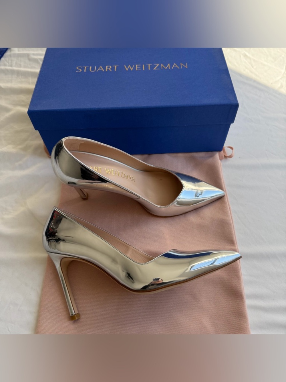 NEW Stuart Weitzman Silver Metallic Anny Specchio Heels Pump sz 7.5 stiletto NIB
